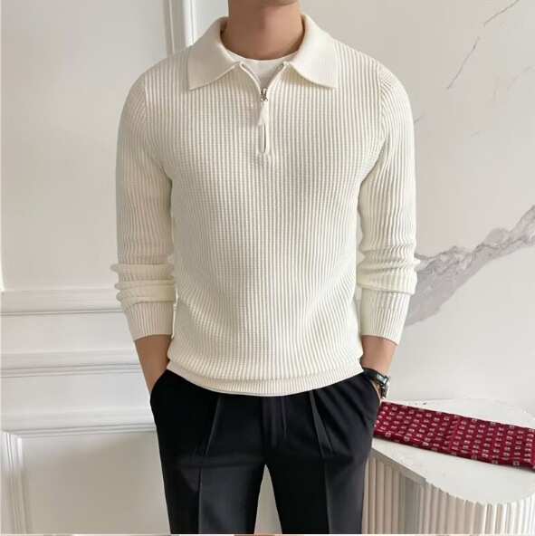 Lapel Knitted Polo Shirt Warm Pit Sweater Men's Autumn and Winter Light Luxury Business Half Zip Knitted Shirt Top Trendy