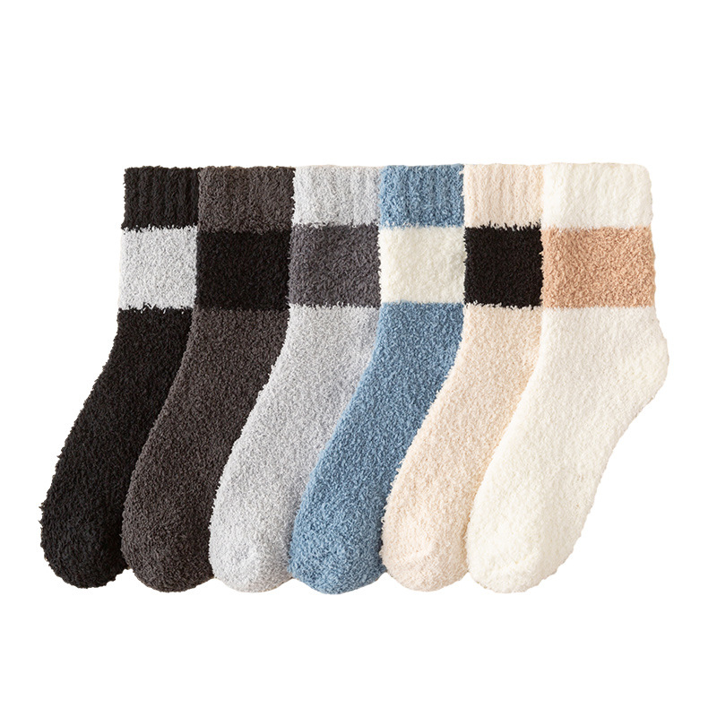 Koraļļu flīsa zeķes vīriešu ziemas vidēja izmēra caurulīte plīša biezas ziemas siltas mājas plīša garās zeķes gulēšanai uz grīdas_voghion.com