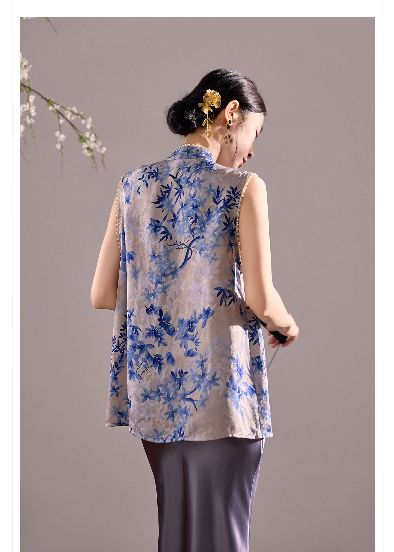 Áo vest gile nữ cổ đứng không tay phong cách cổ điển Trung Hoa, đính chuỗi hạt, mùa hè M8035 — màu xanh chi tiết 13