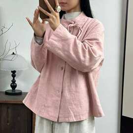 斜襟立领系带双层亚麻外套女2026秋款简约亚麻女装纯色长袖开衫