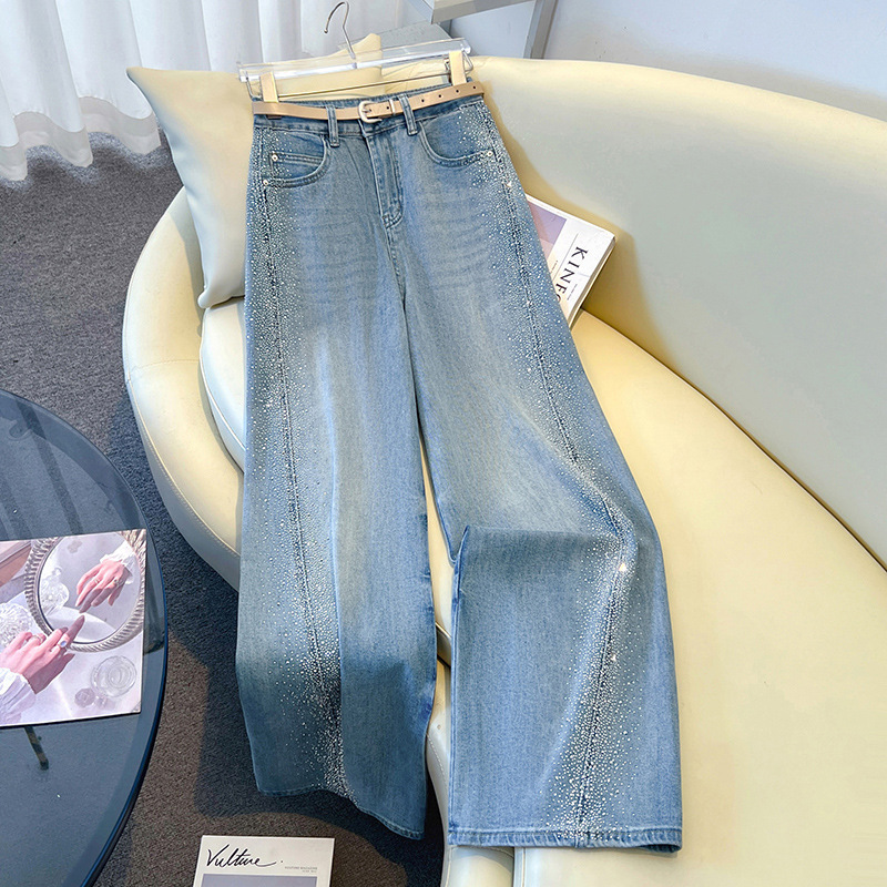 2026 Spring New Style Sparkling Three-Dimensional Rhinestone Tencel Cotton High-Waisted Straight Loose Fashion Wide-Leg Jeans for Women