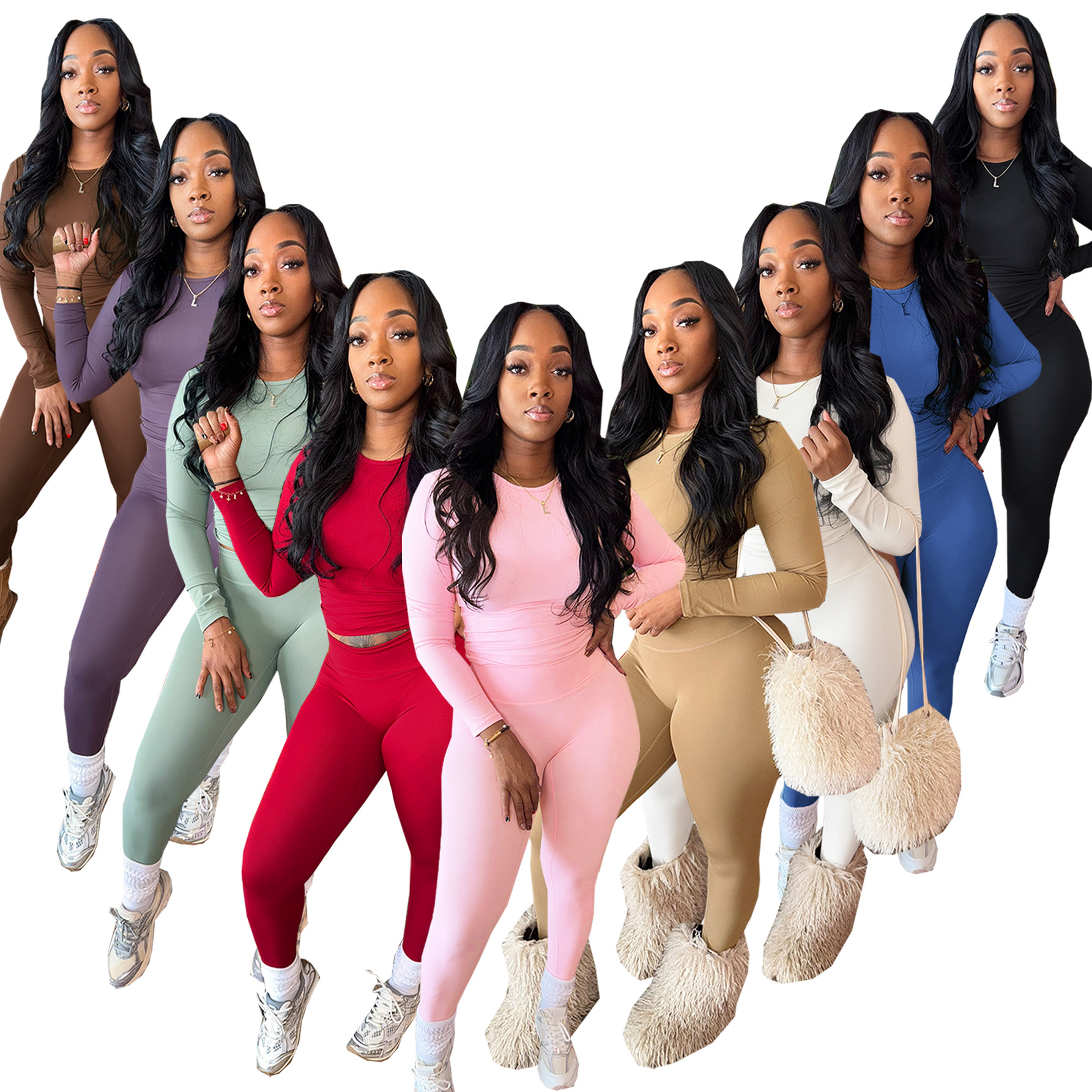 Tw815 Cross-Border Amazon European and American Slim-Fitting Feminine Fitness Suit Fashionable Work Clothing High-Elastic Sports Two-Piece Set