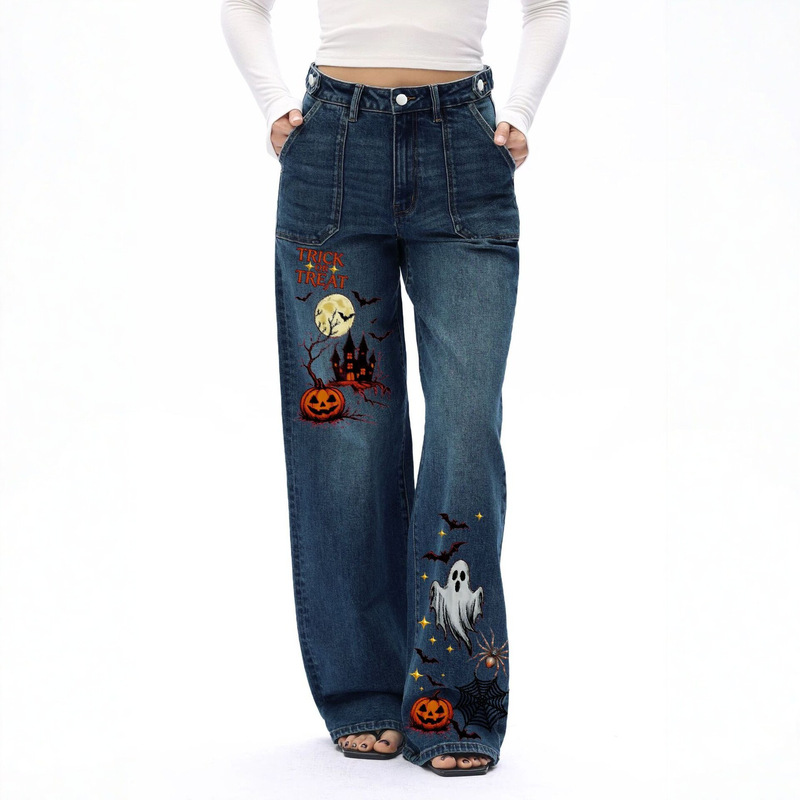 European and American style Halloween pumpkin witch print wide-leg jeans, high-waisted, washed, loose, floor-length denim pants for women