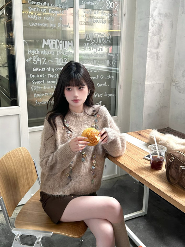 慵懒风重工亮片圆领长袖毛衣女2025秋季新款别致显瘦减龄chic上衣|undefined