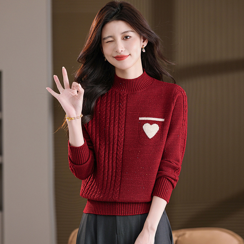 年轻款秋冬新款2025圆领长袖口袋爱心纯色宽松针织麻花套头衫女士，女装针织衫/毛衣，妃慕昵服饰