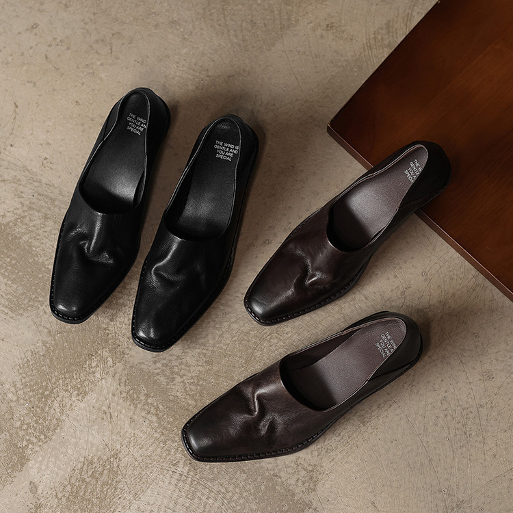Soft Leather Shoes with Silent Soles, Square Toe Slip-On Shoes, First-Layer Cowhide, Retro Simple Low-Heeled Chunky Heel Women's High Heels