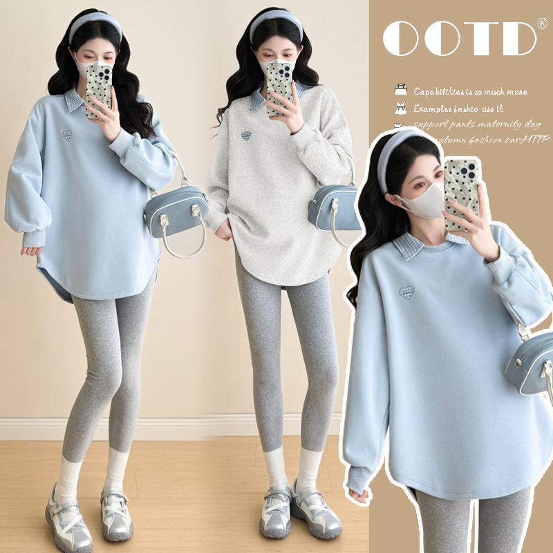 Maternity autumn sweatshirt, long style, embroidered patchwork plaid shirt collar top, 2026 new model Maternity autumn sweatshirt, long style, embroidered patchwork plaid shirt collar top, 2026 new model