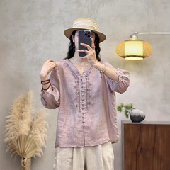 レトロ文芸純ラミー麻刺繍vネックシャツ2025年新型ゆるいファッション女性カーディガン上着