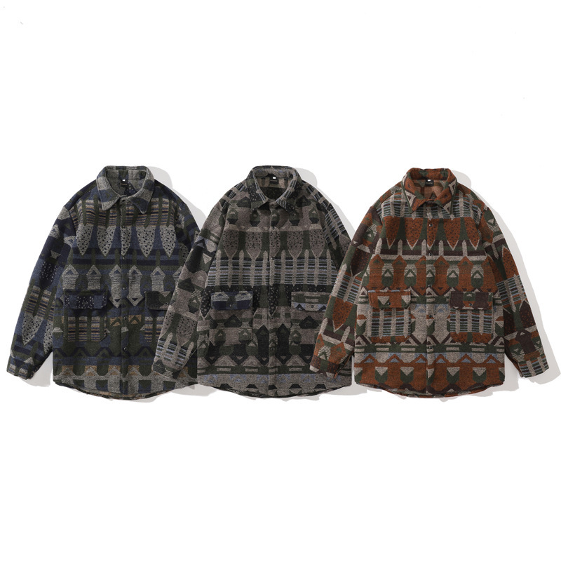 Trendy brand Japanese retro brushed flannel ethnic style long sleeve shirt thickened jacket jacket men's couple shirt trendy