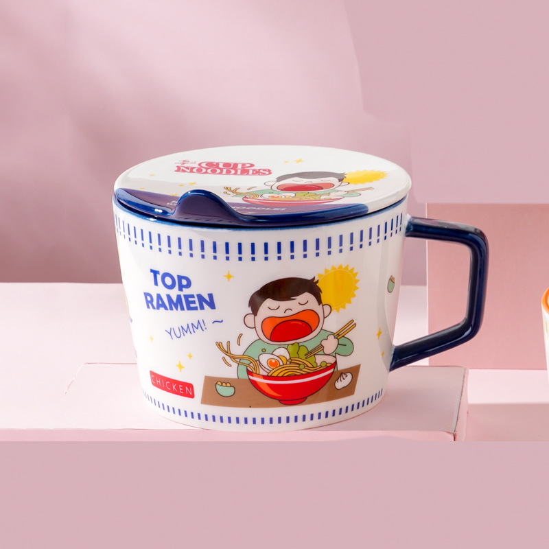 Hengbang cerámica caliente bolos de fideos de moda frescos tazas de fideos de restaurantes caseros restaurantes casuales con cubierta de cerámica al por mayor