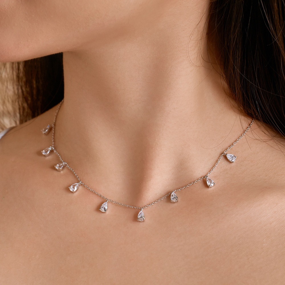Water Droplets Pattern 925 Sterling Silver Zircon Plating Inlay Water Droplets Pendant Necklace