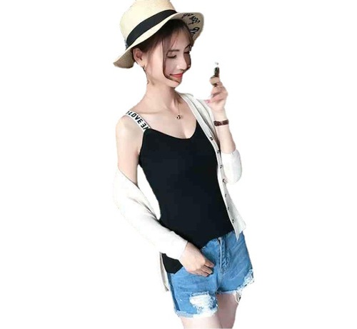 Women's 2025 Chic Knit Small Straps Summer Base Layer Ice Silk Letter Shoulder Straps V-Neck Outerwear Top
