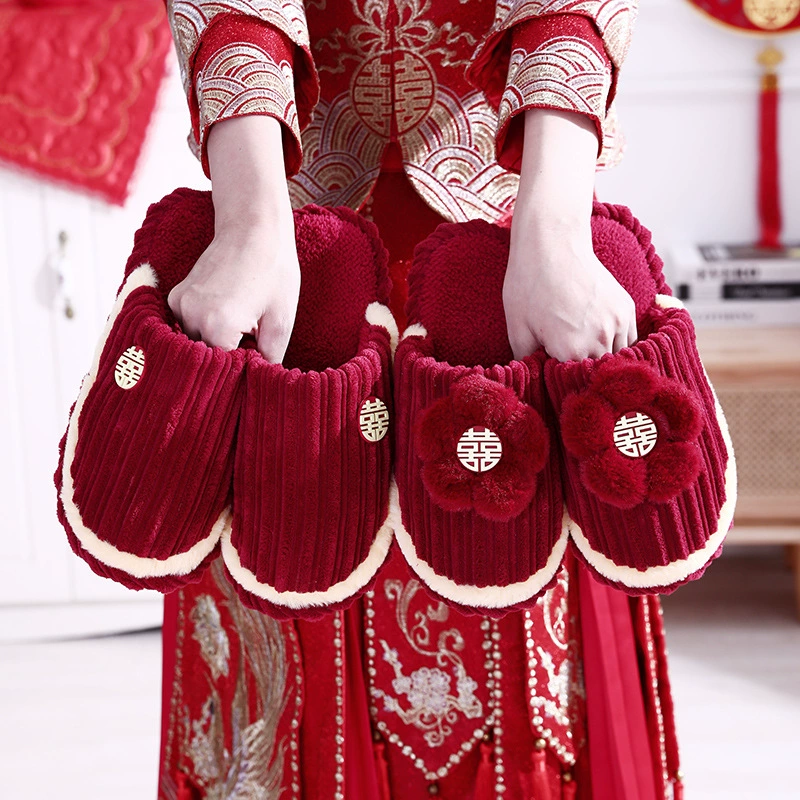 Зимние хлопковые тапочки для свадьбы, теплый комплект из красных свадебных халатов, домашние свадебные тапочки, свадебный подарок для молодоженов.