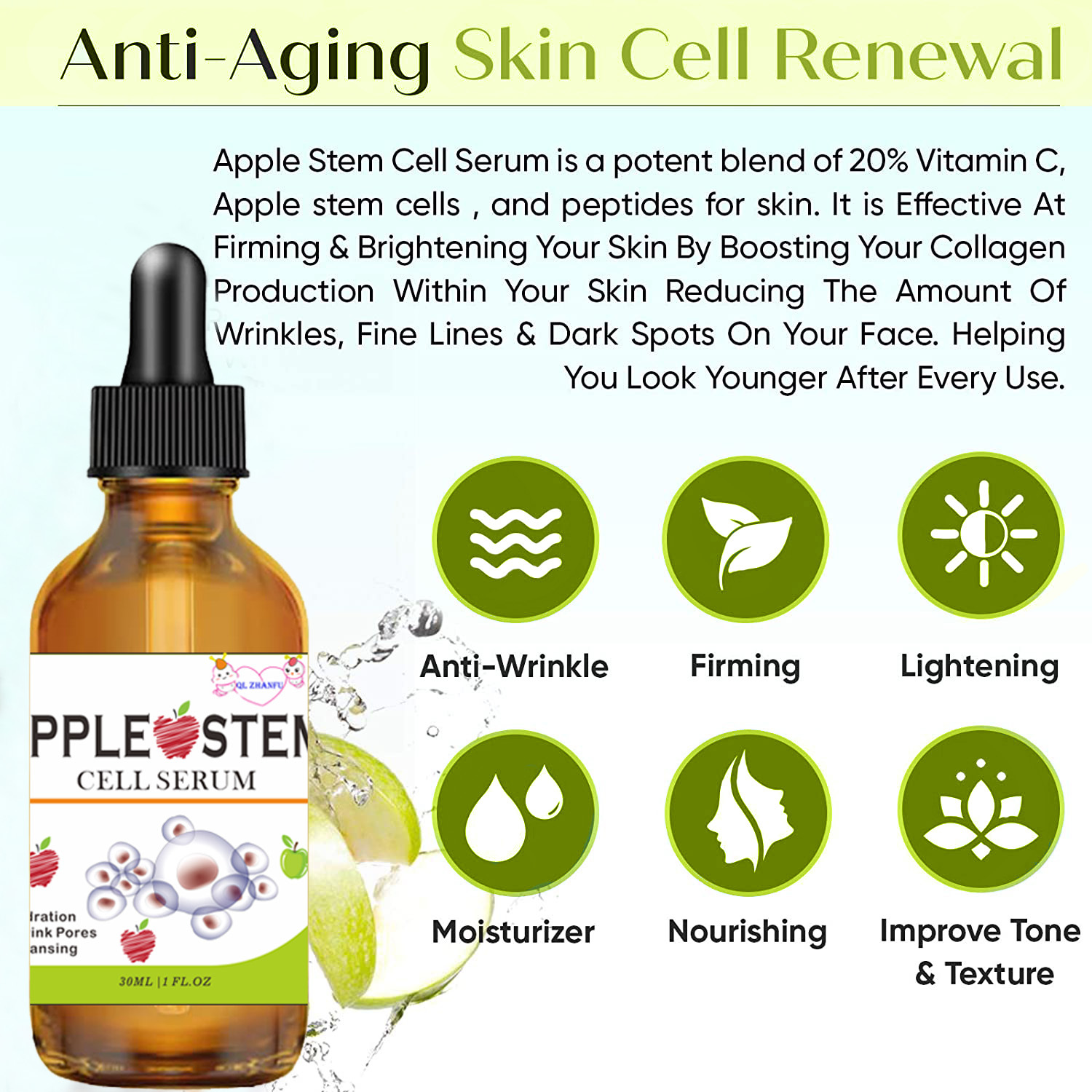 QLZHANFU Apple Cell Original Solution and Moisturizing Facial Vitamin A Skin Rejuvenating essence_voghion.com