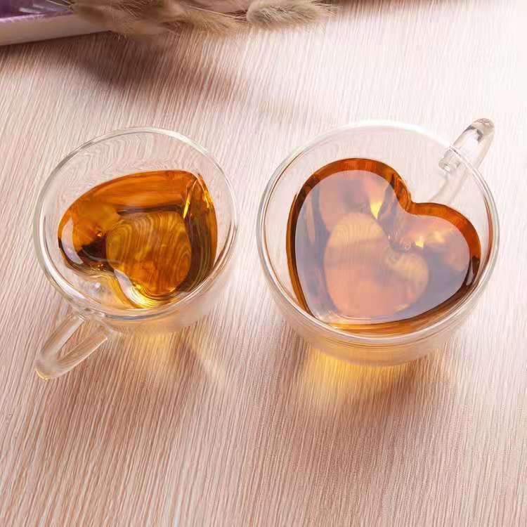 Resistente al calor creativo de doble capa en forma de corazón pareja mango taza Jugo leche taza de café hogar taza de té verde taza de vidrio transparente
