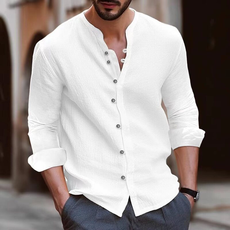 2024 Cross-Border Amazon Ebay New Men's Retro Pure Color Cotton and Linen Casual Button Long-Sleeved Shirt 2024 Cross-Border Amazon Ebay New Men's Retro Pure Color Cotton and Linen Casual Button Long-Sleeved Shirt