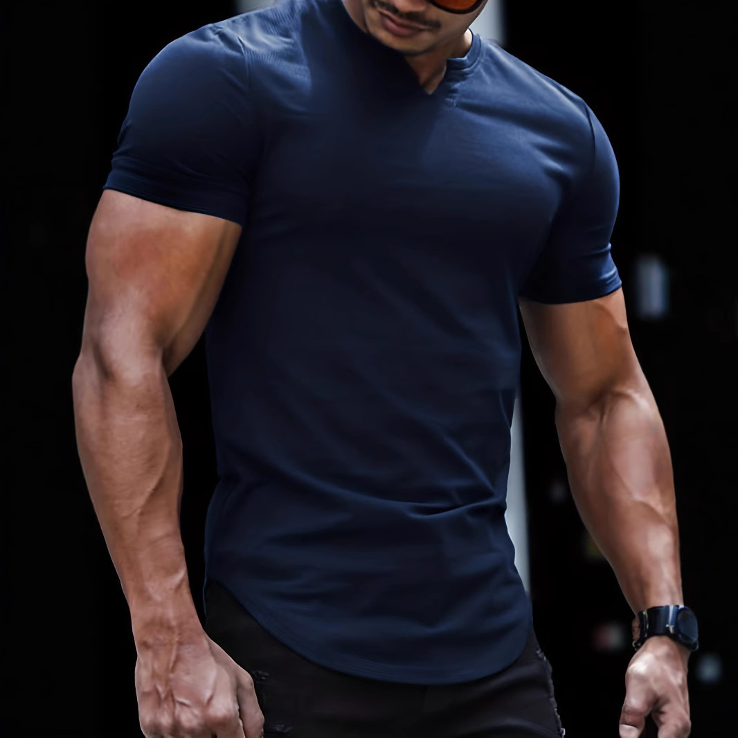 2025 Cross-border New Men's Summer Trendy Solid Color Round V-neck Slim-fit Short-sleeved Stretch T-shirt Base Shirt Half-sleeved Men