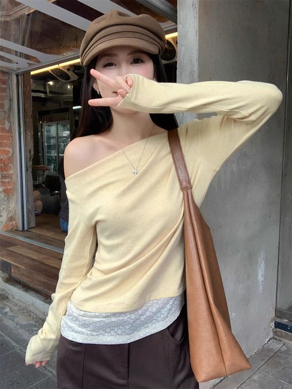 【自社工場現物】レースの黄色の斜め肩の底のシャツの女性の早秋の肩の甘いギャルの短い上着|undefined