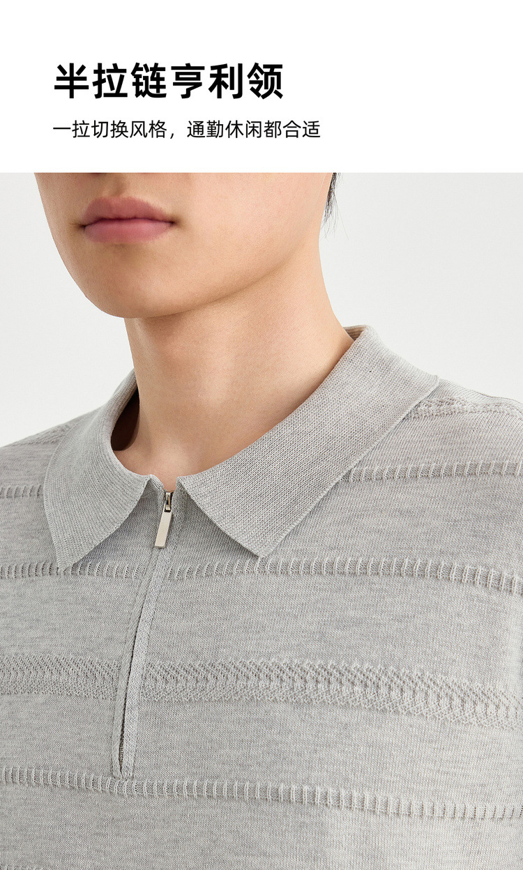 Áo polo nam tay ngắn cổ bẻ phối khóa kéo một nửa, chất liệu dệt kim hoa văn jacquard — đen chi tiết 5