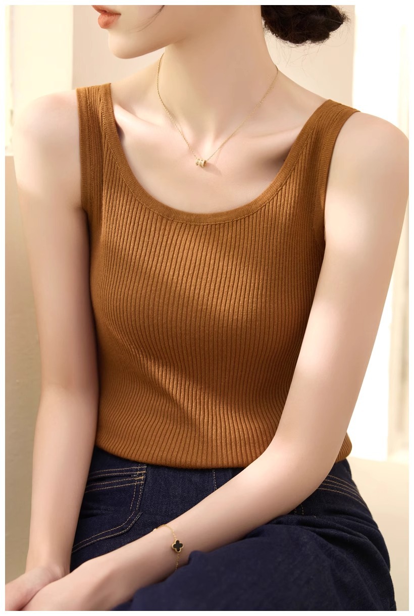 Áo hai dây dệt kim cổ tròn mặc trong mỏng mùa hè cho nữ — Màu đen chi tiết 12