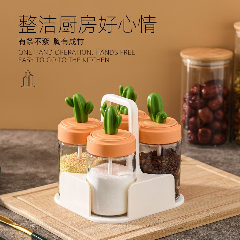 Kitchen seasoning jar household oil, salt, sauce and vinegar combination set seasoning storage box cactus glass seasoning jar bottle