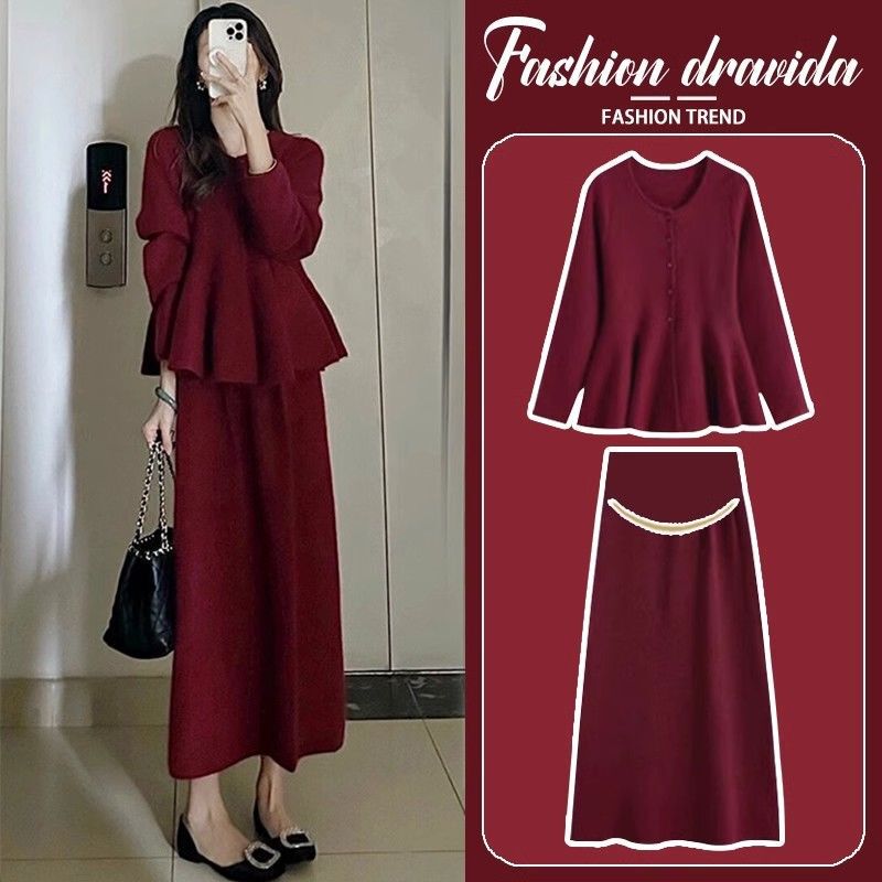 Maternity Suit Autumn and Winter New Style Knitted Sweater Small Fragrant Red Pregnant Mother Skirt Two-Piece Suit Maternity Suit Autumn and Winter New Style Knitted Sweater Small Fragrant Red Pregnant Mother Skirt Two-Piece Suit