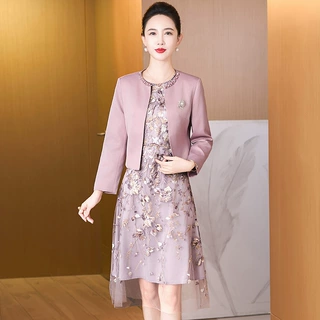 春秋两件套经典款精品刺绣连衣裙丈母娘礼服洋气显年轻婚宴妈妈装