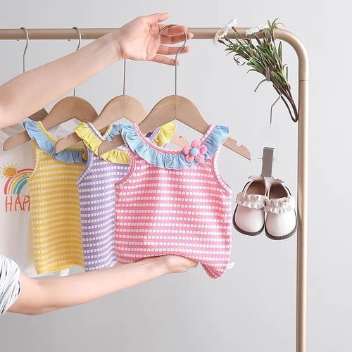 Children's Summer Striped V-Neck Blouse for Girls, Baby Cotton T-shirt with Button Collar, Sleeveless Top, Thin Style