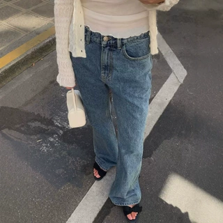 识亦·XH韩系做旧水洗微喇牛仔裤东大门秋季新款纯色高腰显瘦长裤