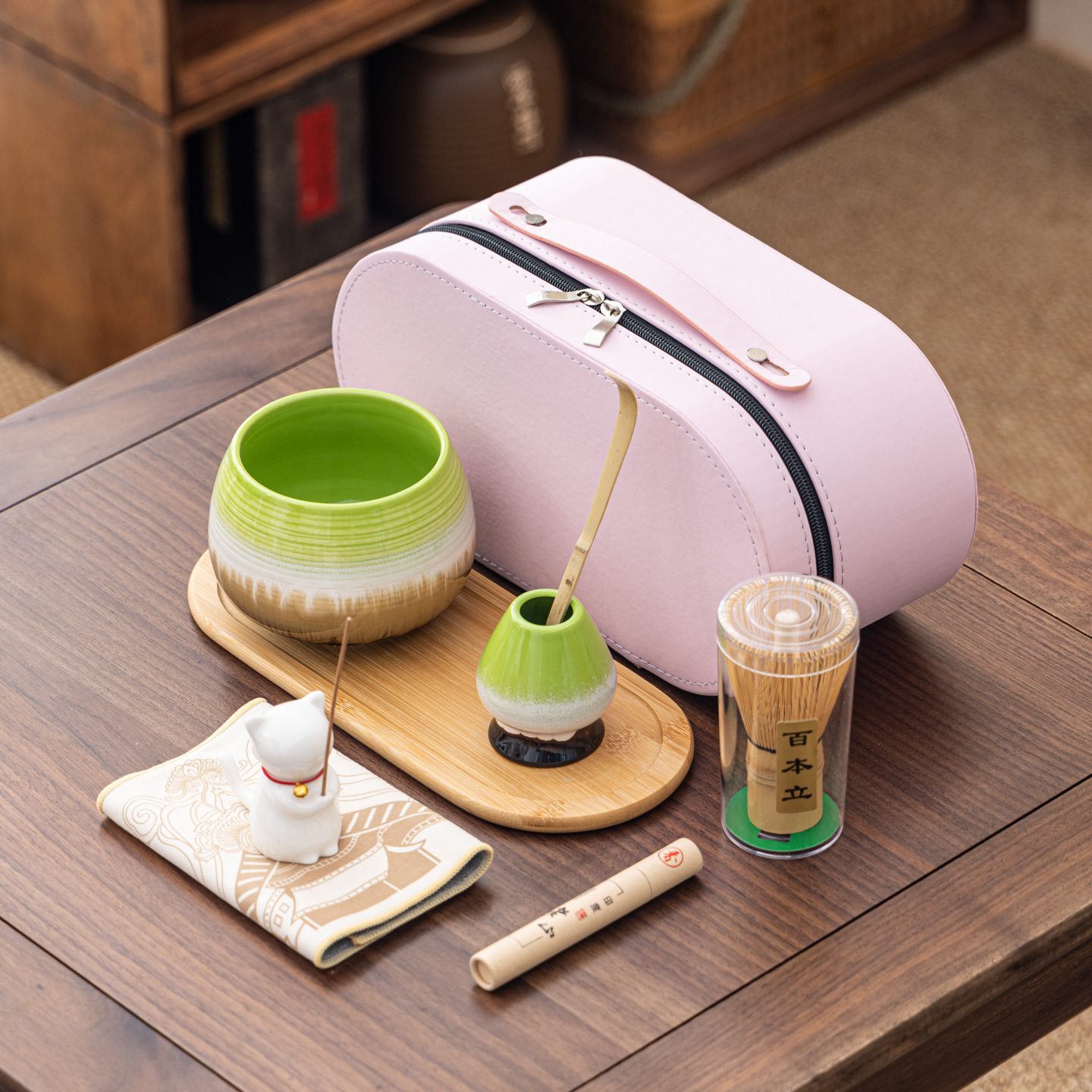 Cuenco de matcha corrugado caja de cuero set adorable gatito Xiangdao ocho piezas set punto té 100 tazas de té