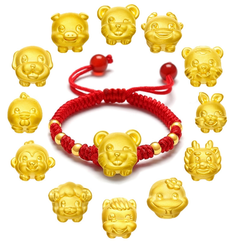 Gold 999 Pure Gold Twelve Zodiac Couple Bracelets for Men and Women, Zodiac Year Transfer Beads, Tiger and Rabbit Accessories, Braided Red Rope