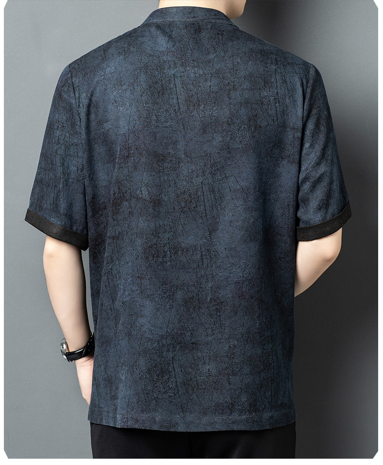 Áo thun nam tay ngắn lụa tơ tằm phong cách Trung Hoa cổ điển, chất liệu Mulberry Silk cao cấp — màu xanh da trời26201 chi tiết 13