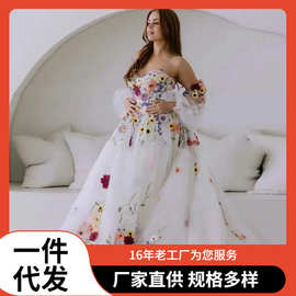 2025新款3D花瓣蕾丝贴花长款网纱拖尾重工清新结婚婚纱礼服裙