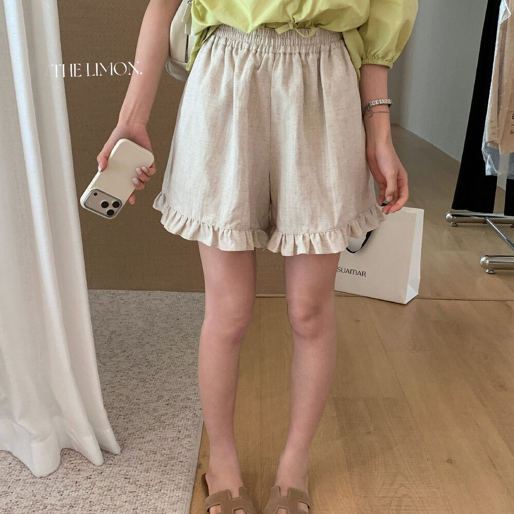 Quần short nữ cạp chun ống rộng chất liệu linen phối viền ren — màu sắc, xanh lam, Màu cà phê, màu hồng