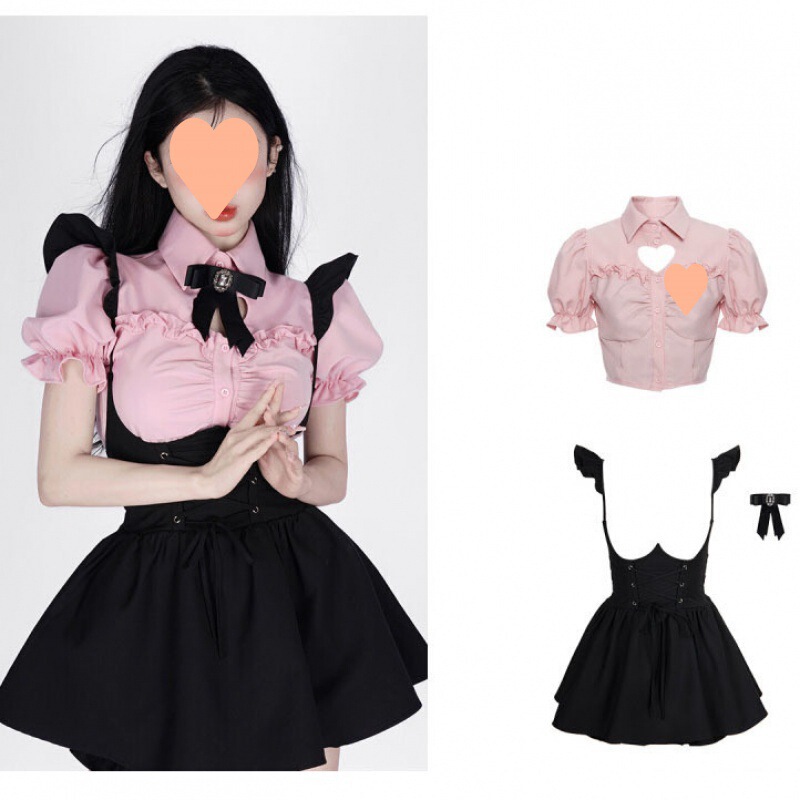 2025 New Women's Clothing Cute Girl Pink Flying Sleeve Shirt Strappy Black Suspender Skirt Dress Suit