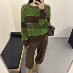 高级感撞色套头羊毛针织衫女装秋冬韩版宽松休闲风女上衣毛衣X
