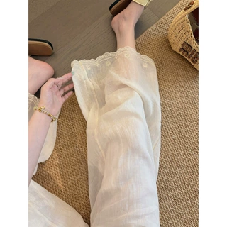 米白色花边苎麻阔腿裤女夏季薄款梨型身材大码显瘦宽松亚麻休闲裤