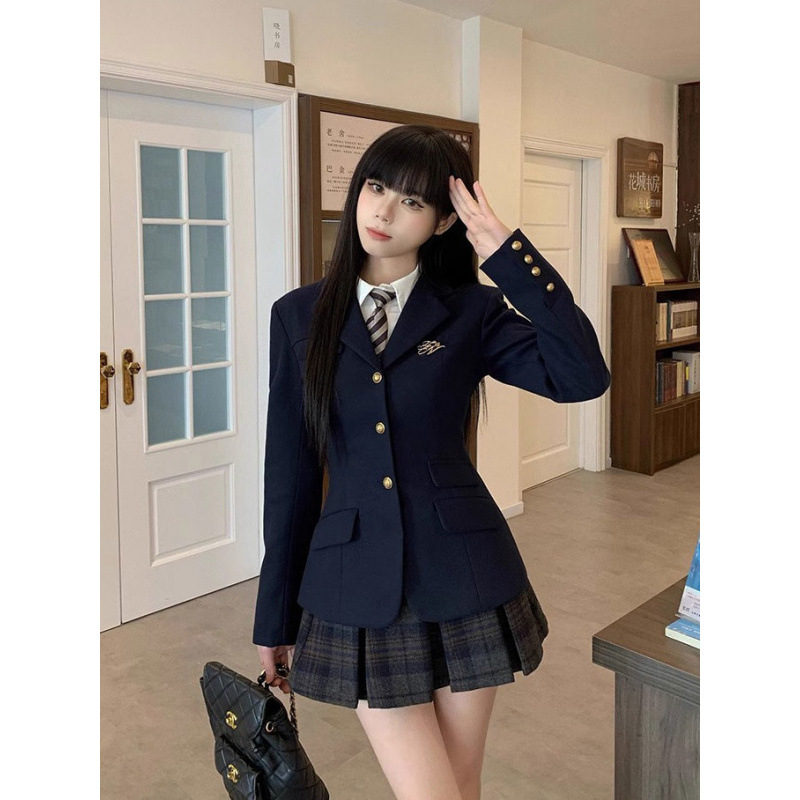 College Style Waist Slimming Look Suit for Women Spring & Fall Petite Jk Uniform Jacket + A-Line Pleated Skirt Two-Piece Set