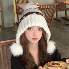 费尔岛风针织毛线帽子女秋冬季保暖护耳毛球帽户外防寒套头雷锋帽