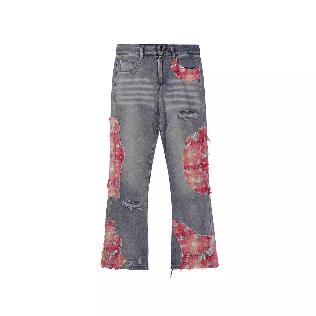 Herenkleding Retro Kant Patchwork Gescheurd Ontwerp Rechte Jeans Herenmode Merk Losse Versleten Wijde Broek_voghion.com