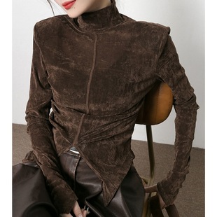 Trendy Waist Split Maillard brown Half High Collar Flocking Top Women's Autumn 2024 New Base Shirt