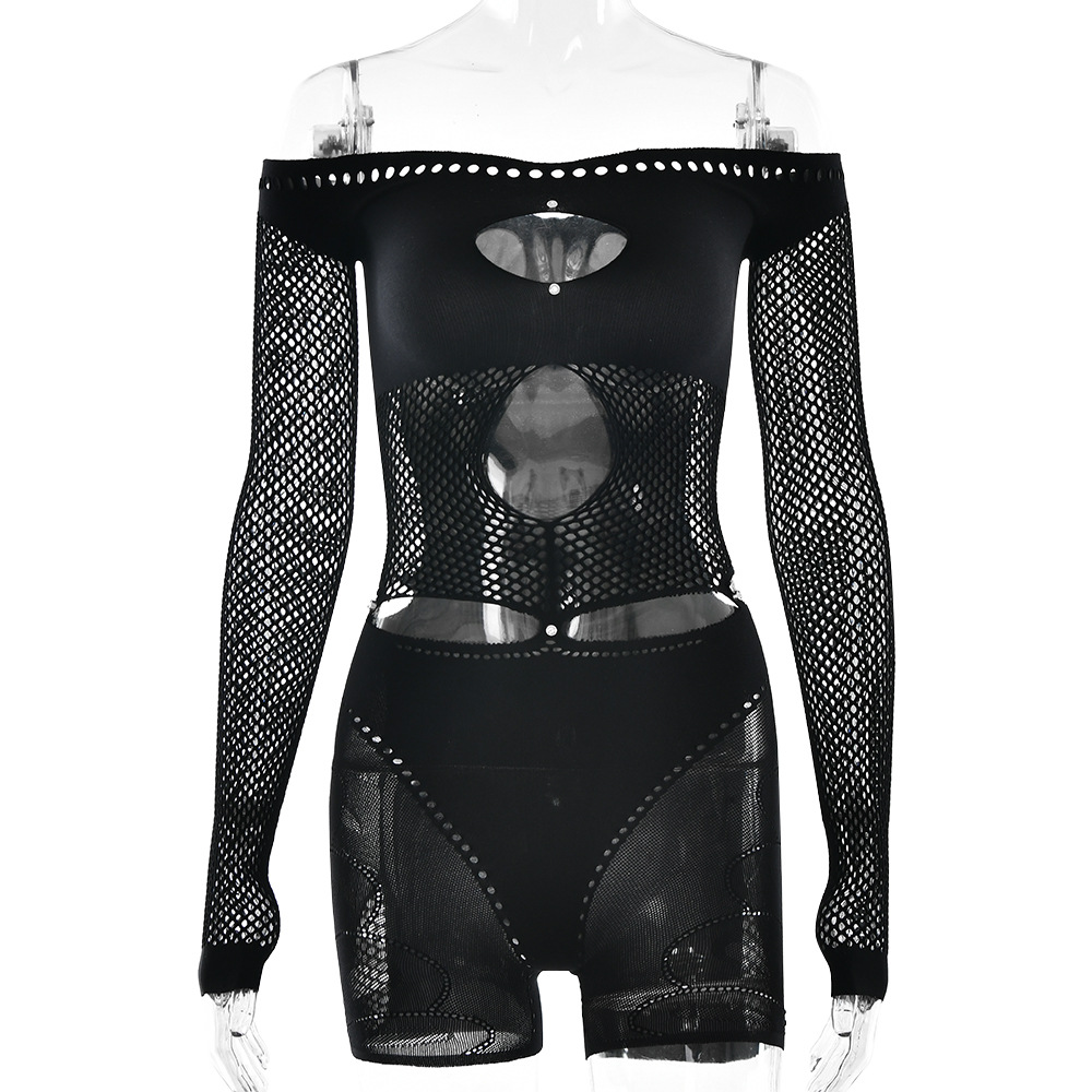 Sexy Women Tights Slim Hollow Out Cutout off Shoulder Long Sleeve Jumpsuit