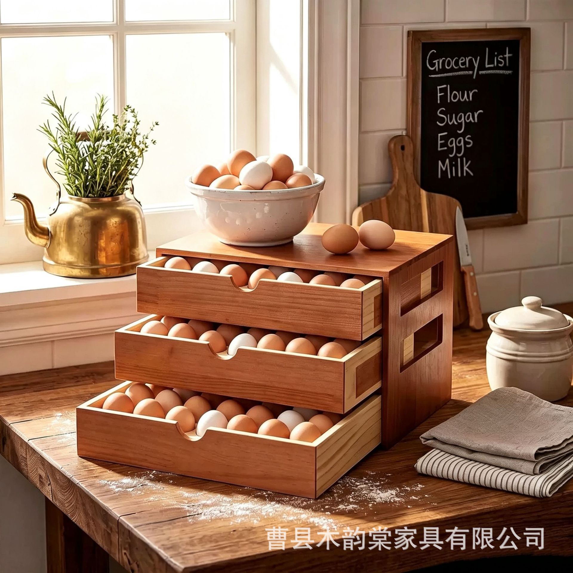 Wooden drawer-style egg storage rack for home kitchen, large-capacity egg organizer shelf