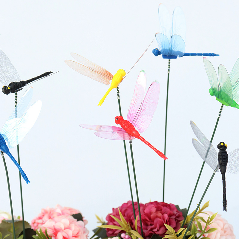Cross-border simulation dragonfly plug-in 8.5cm color small dragonfly pot decoration garden decoration simulation dragonfly plug-in rod