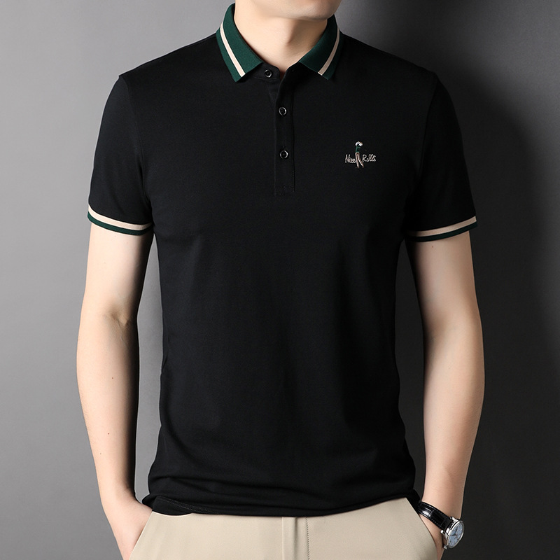 Summer New Middle-Aged Men's Casual Tops Stripesd Lapel Short-Sleeved T-Shirt 95 Cotton Stretch Polo Shirt Bottoming