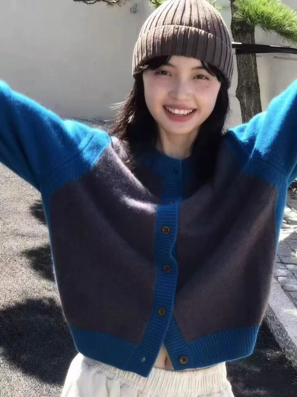 100%纯羊毛衫女撞色圆领百针织开衫秋冬宽松毛衣羊绒外套套拼色|undefined