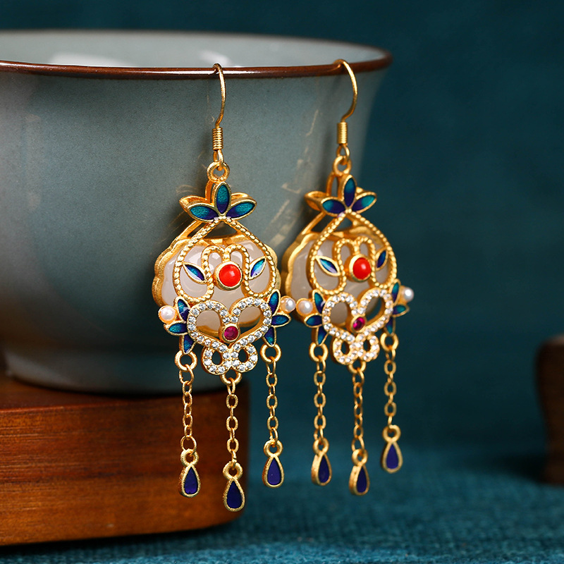 Elyuan original design flower blooming rich imitation South Red Jade tassel earrings high-grade ancient style cheongsam earrings for women