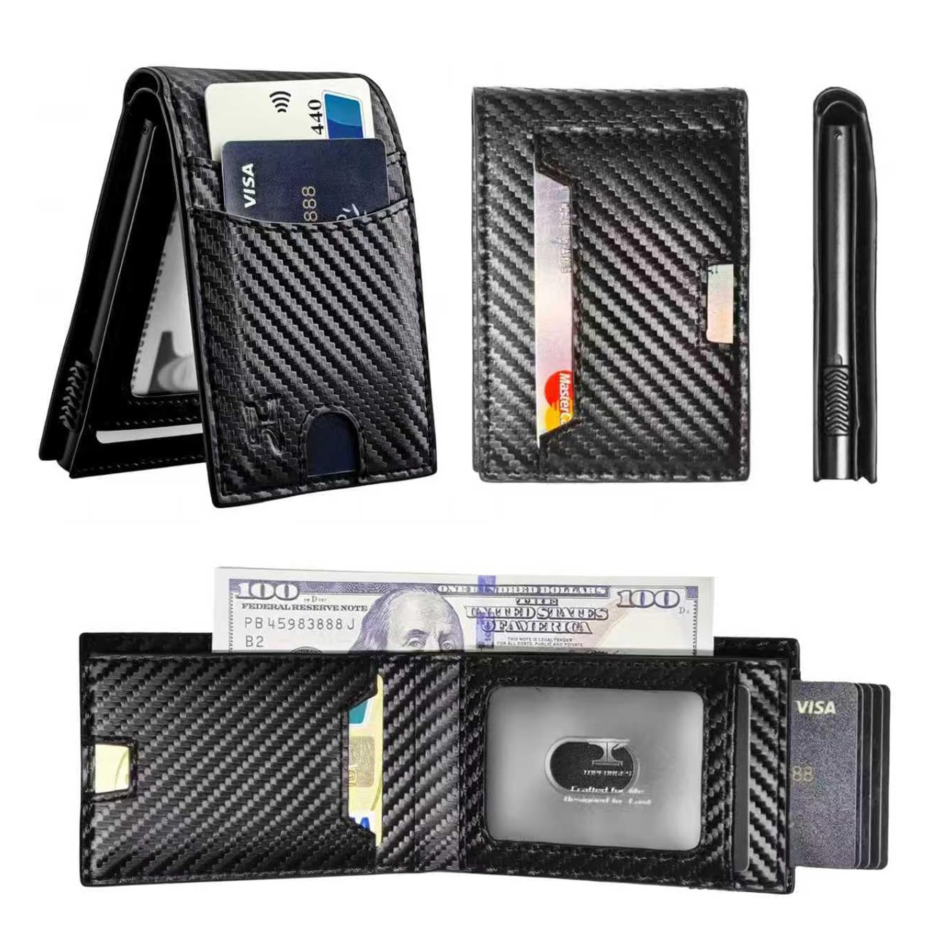 Cartera comercial multifuncional transfronteriza personalizada para hombres cartera corta de fibra de carbono flip RFID antidrobo cartera