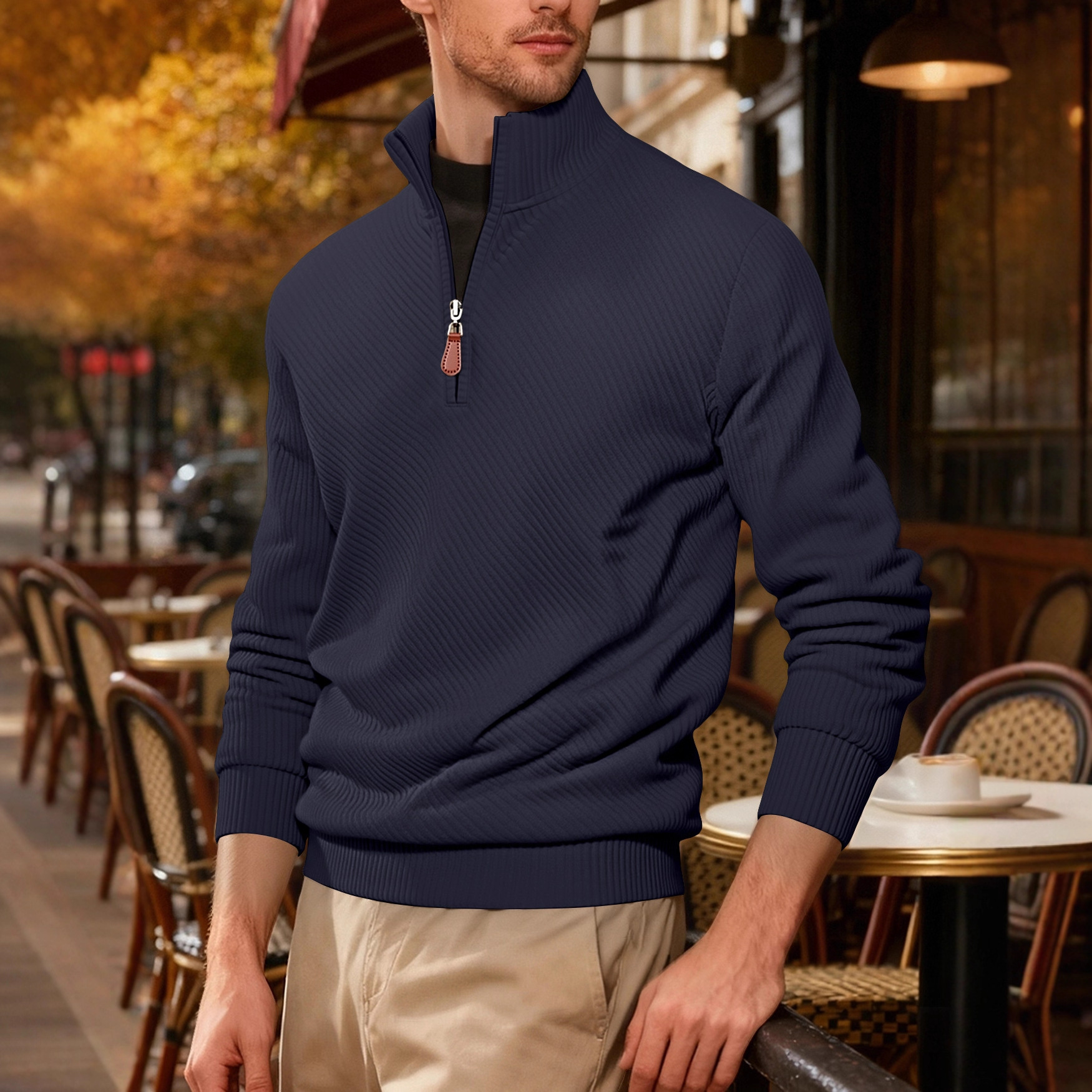 Amazon otoño y invierno nuevo color sólido transfronterizo hombre semi-cremallera velcro cuello casual camisa de manga larga en stock para hombres