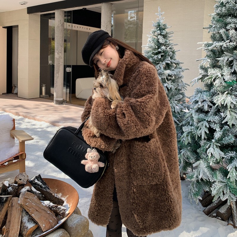 100 Sheep Wool Duffle Fur Coat Women's Mid-length Sheep Shearer Lamb Fur Coat